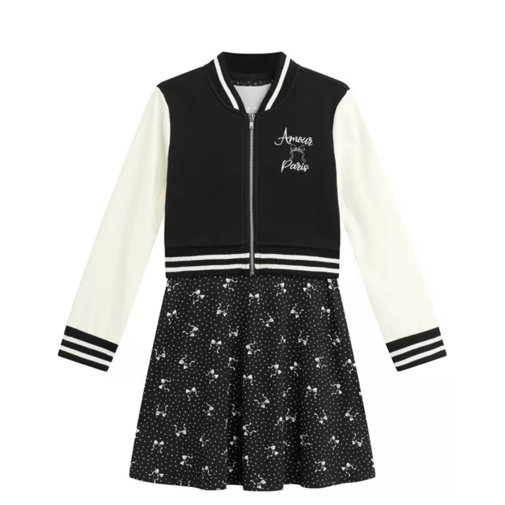 Knitworks Black and White Girls' Bow Dress & Bomber Jacket